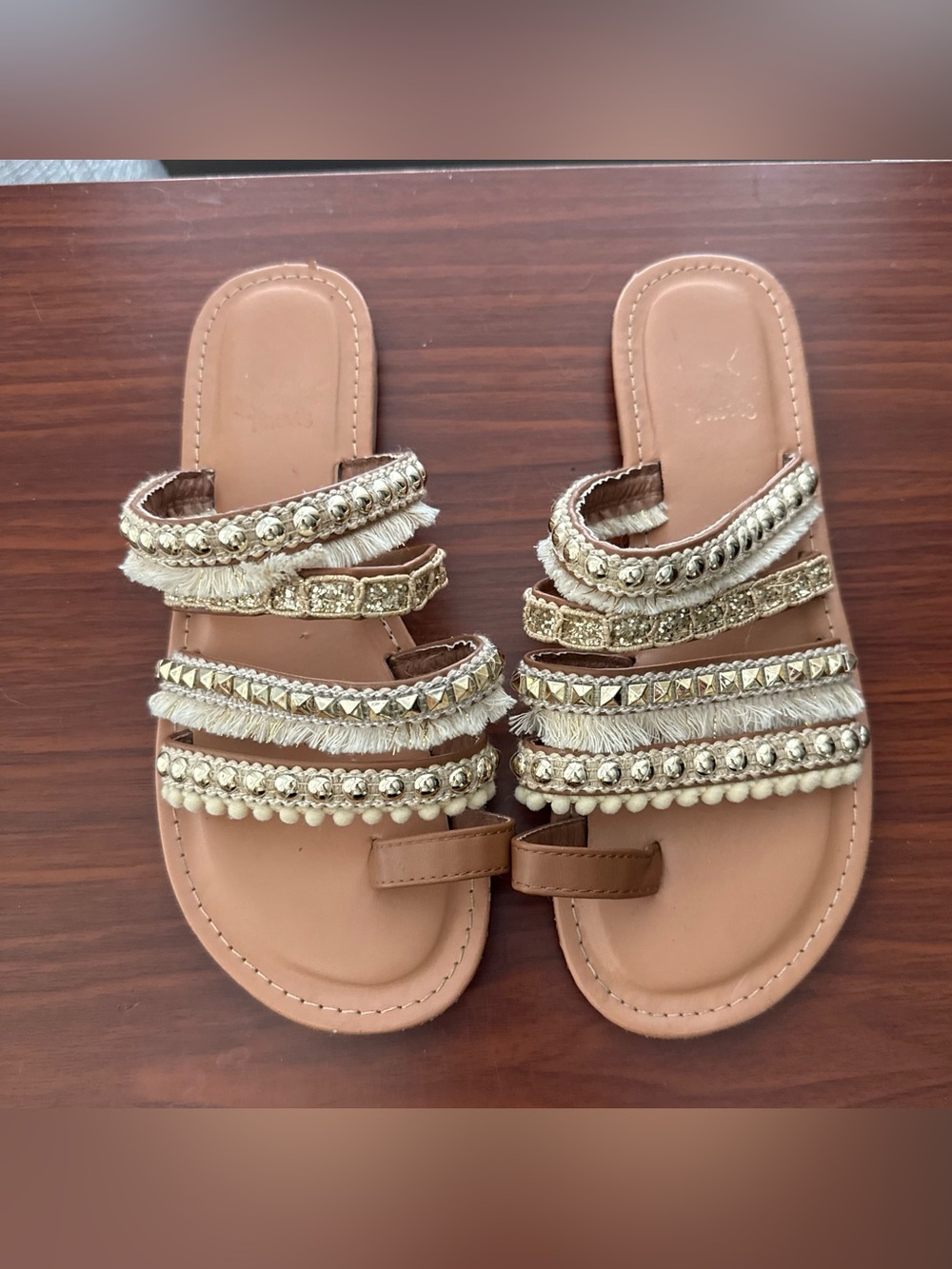 Beige Gold-Accent Multi-Strap Women's Slide Sandals